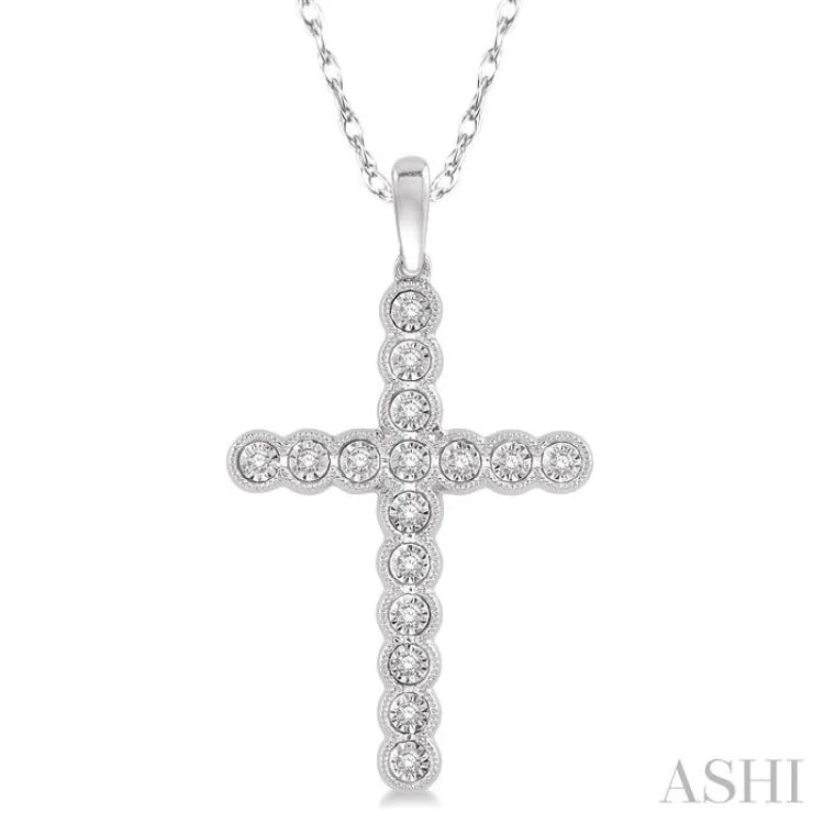 1/8 Ctw Round Cut Diamond Cross Pendant in 10K White Gold with chain