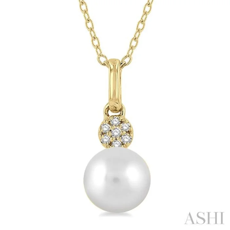 1/50 ctw Petite 6X6 MM Cultured Pearl and Round Cut Diamond Fashion Pendant With Chain in 10K Yellow Gold