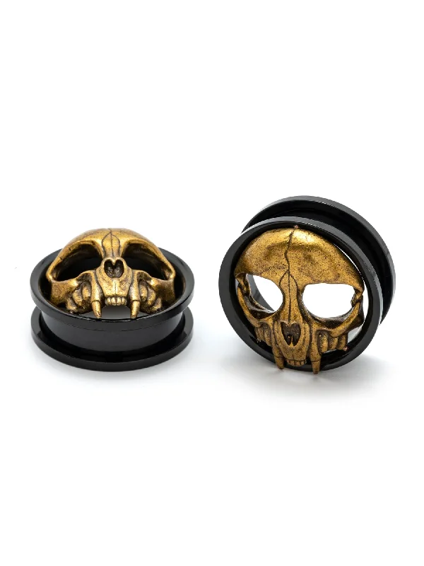 Gold Cat Skull Threaded Steel Tunnels