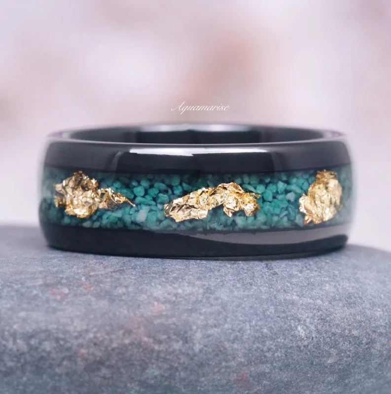 Moss Agate & Gold Leaf Wedding Band- 8MM Black Tungsten