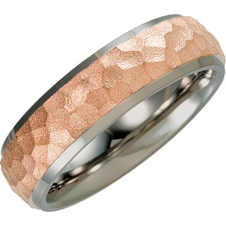 Titanium & Rose Immerse Plated 7 mm Beveled-Edge Band with Hammered Finish Size 7.5