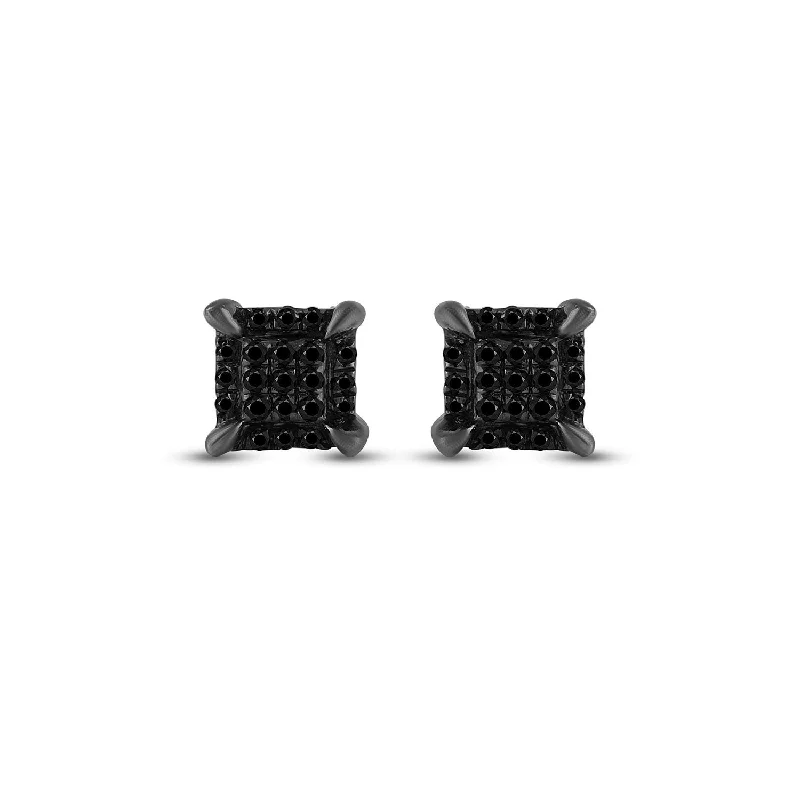 10kt White Gold Mens Round Black Color Enhanced Diamond Square Earrings 1/20 Cttw