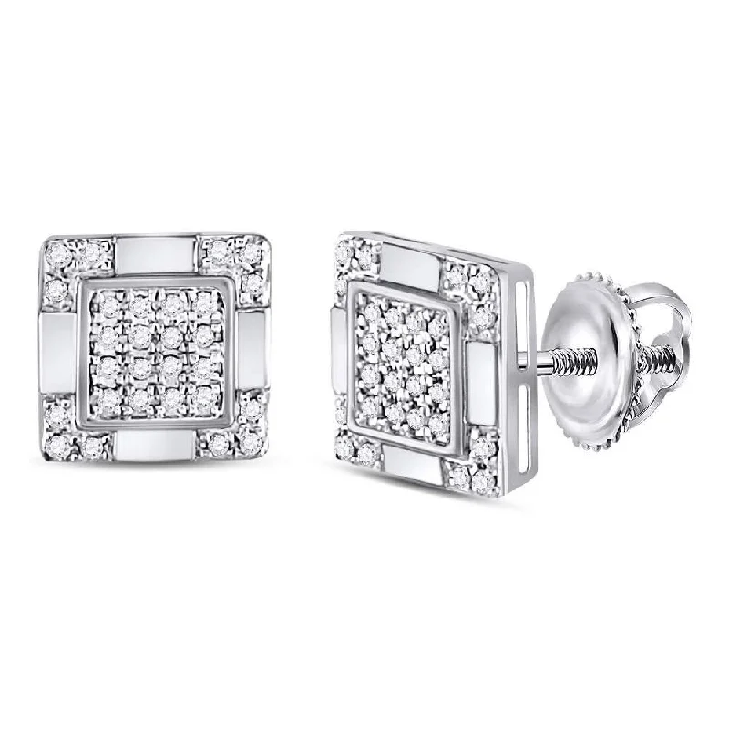 10kt White Gold Mens Round Diamond Square Cluster Stud Earrings 1/6 Cttw
