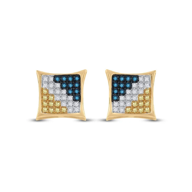 10kt Yellow Gold Mens Round Blue Color Enhanced Diamond Square Kite Cluster Earrings 1/4 Cttw