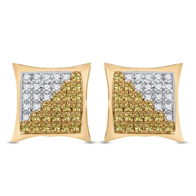 10kt Yellow Gold Mens Round Yellow Color Enhanced Diamond Square Cluster Earrings 1/4 Cttw