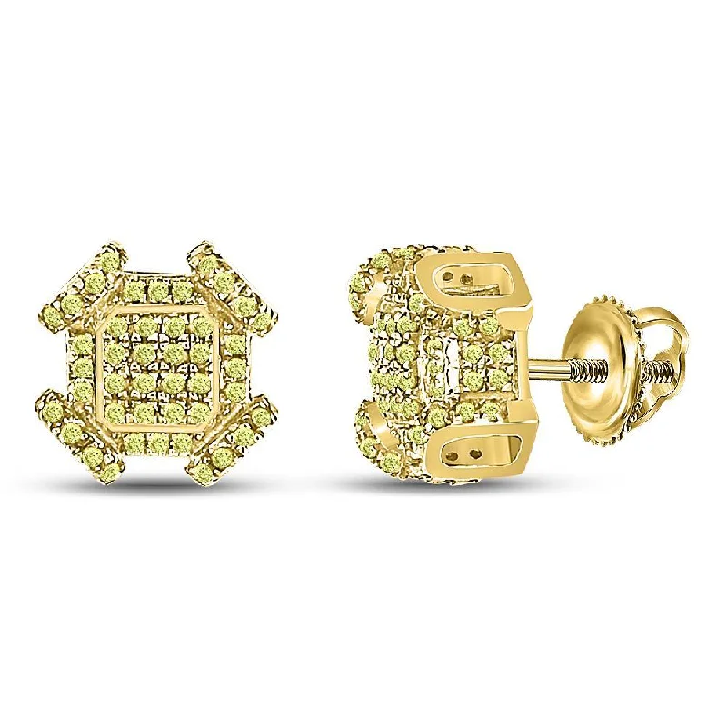 10kt Yellow Gold Mens Round Yellow Diamond Square Earrings 3/8 Cttw