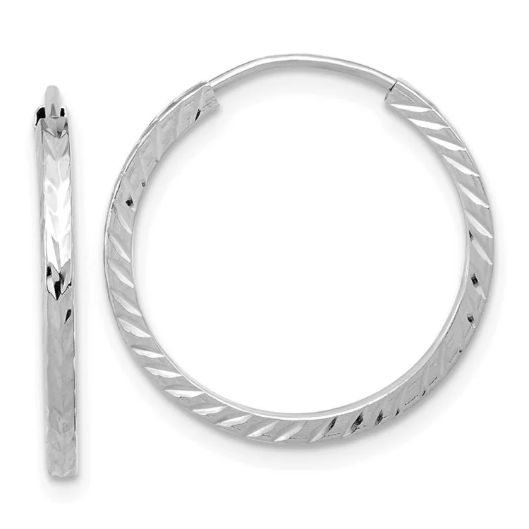 14k White Gold Diamond-cut Square Tube Endless Hoop Earrings