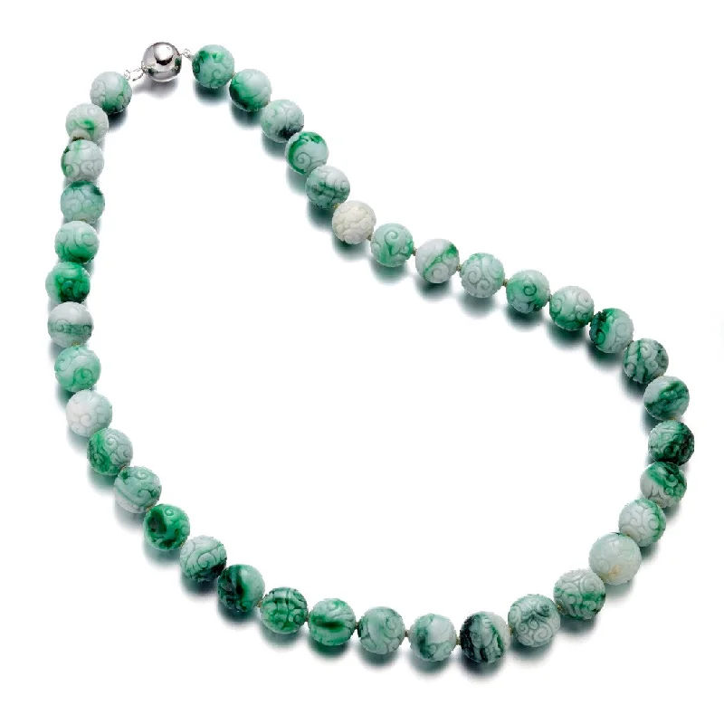 12-14mm Green & White Jade Floral Bead Necklace