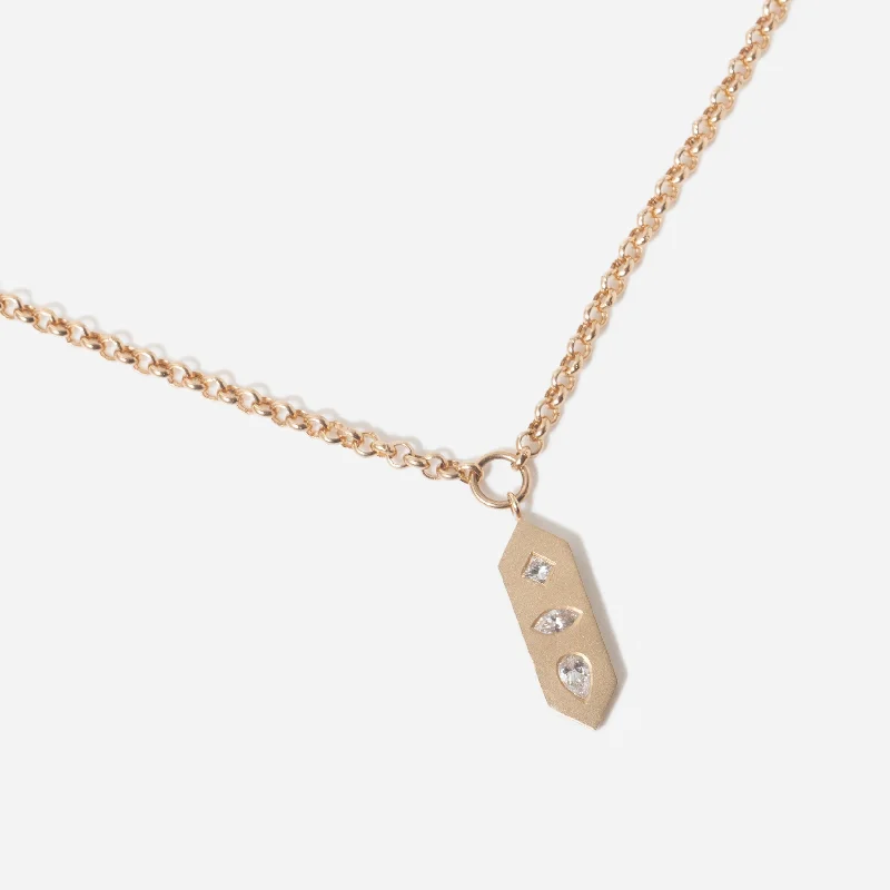 Diamond Mosaic Brushed Gold Vertical Hexagon Tag Rolo Chain Necklace