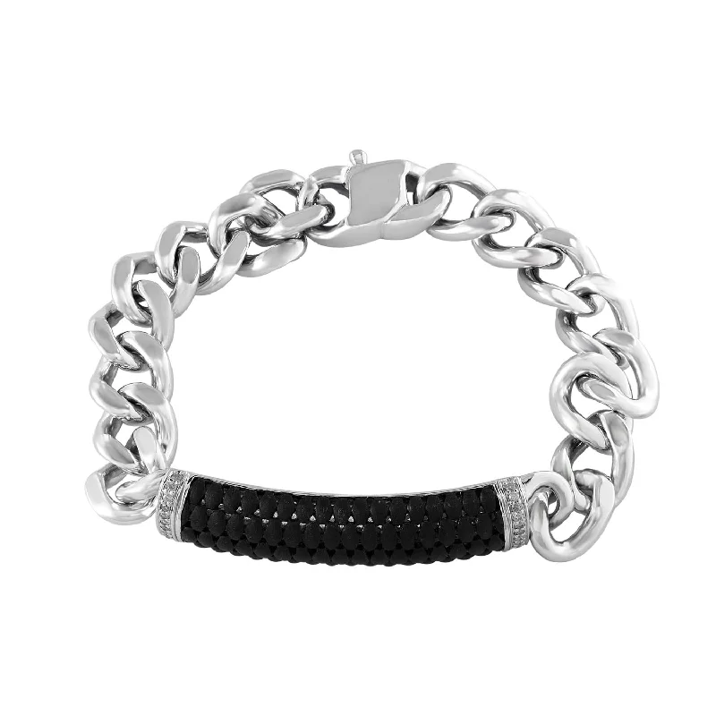 EFFY Round White Sapphire 8.5-inch Black ID Plate Fashion Bracelet in Rhodium Plated Sterling Silver